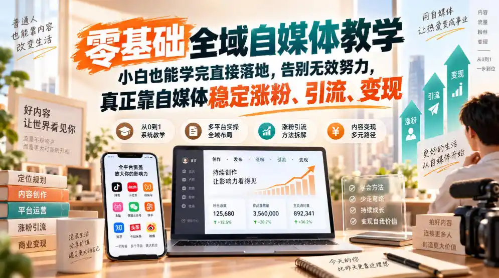 零基础全域自媒体教学,小白也能学完直接落地,告别无效努力,真正靠自媒体稳定涨粉、引流、变现