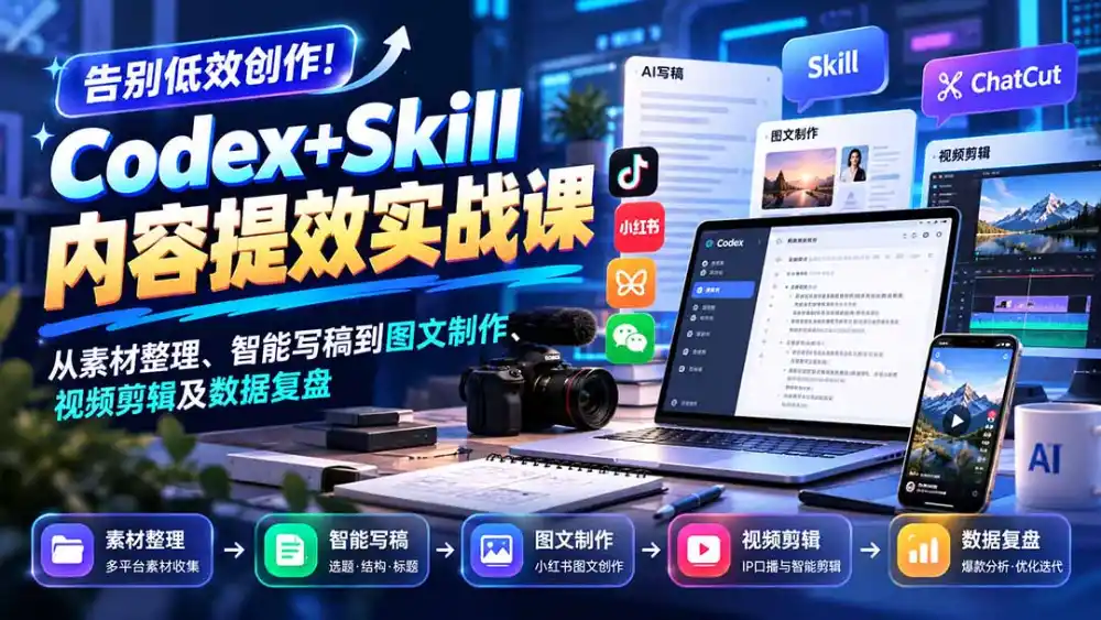 【无水印】告别低效创作！Codex+Skill内容提效实战课：从素材整理、智能写稿到图文制作、视频剪辑及数据复盘-免费项目网