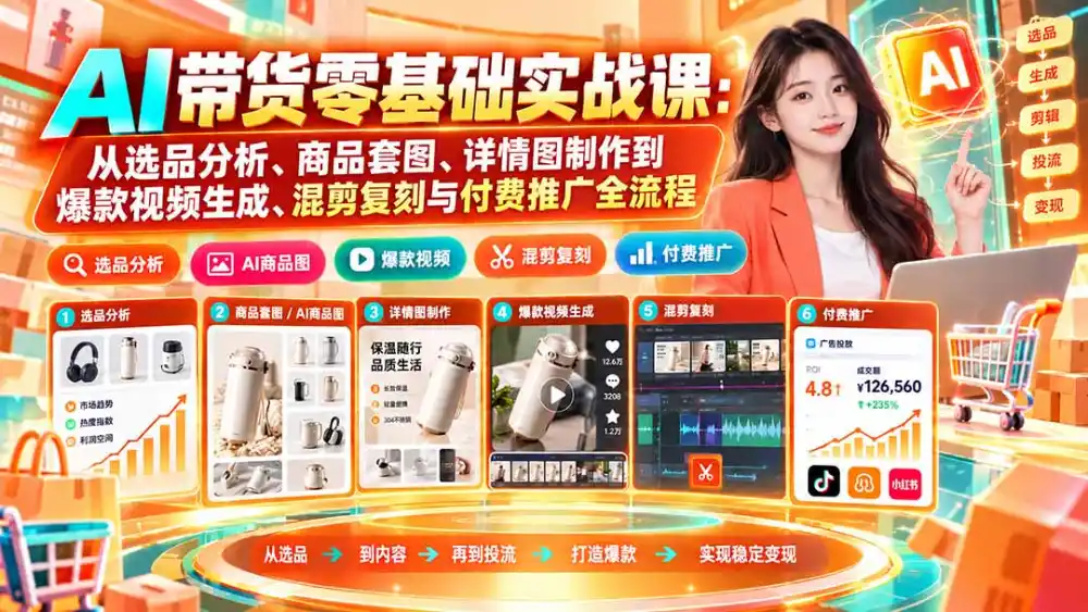 AI带货零基础实战课：从选品分析、商品套图、详情图制作到爆款视频生成、混剪复刻与付费推广全流程-免费项目网