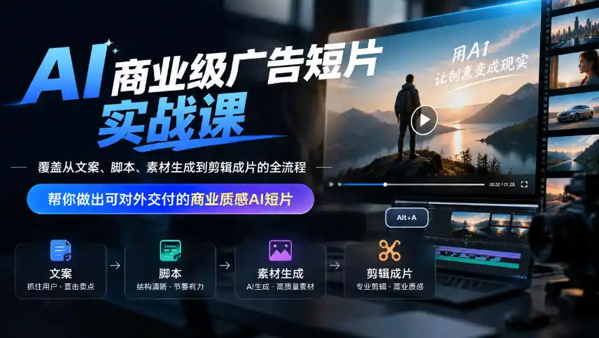 AI商业级广告短片实战课，覆盖从文案、脚本、素材生成到剪辑成片的全流程，帮你做出可对外交付的商业质感AI短片-免费项目网
