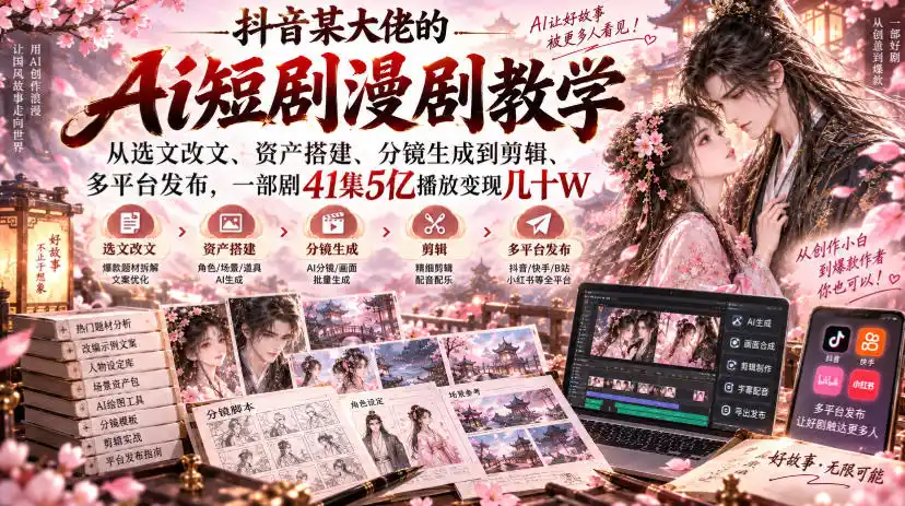 抖音某大佬的Ai短剧漫剧教学，从选文改文、资产搭建、分镜生成到剪辑、多平台发布，一部剧41集5亿播放变现几十W-免费项目网