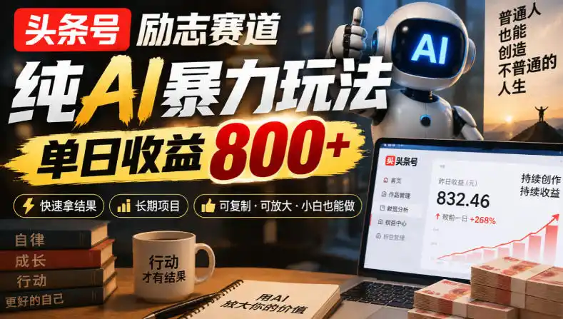 头条号励志赛道，纯AI暴力玩法，单日收益800+，快速拿结果，长期项目-免费项目网