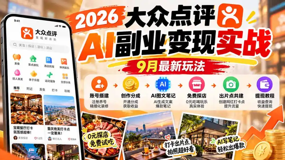 2026大众点评AI副业变现实战9月最新玩法:账号搭建+创作分成+AI图文笔记+免费探店+出片点共建与提现教程-免费项目网