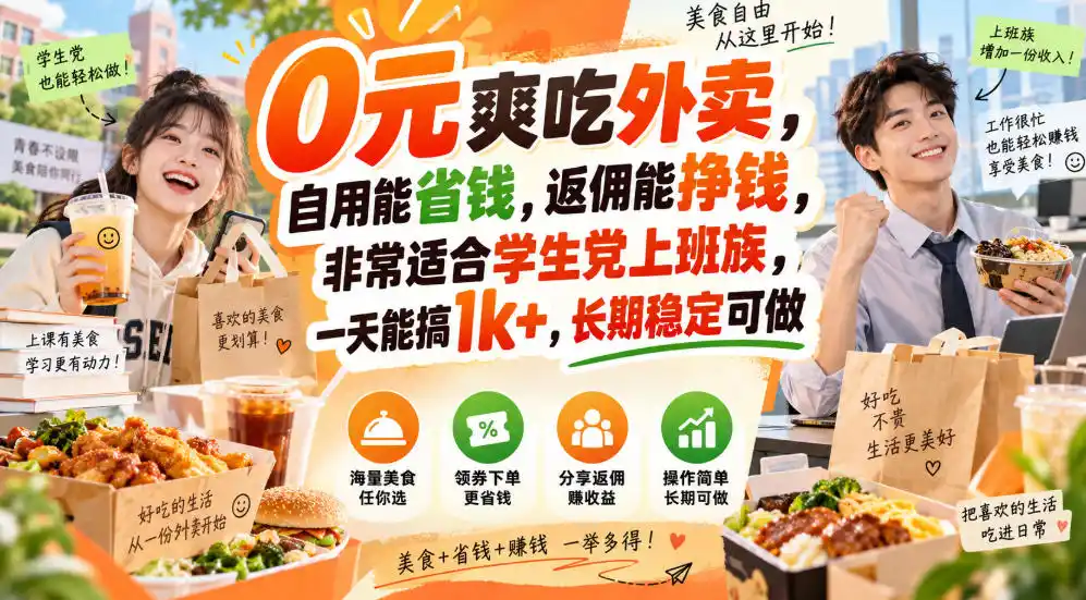 0元爽吃外卖,自用能省钱,返佣能挣钱,非常适合学生党上班族,一天能搞1k+,长期稳定可做