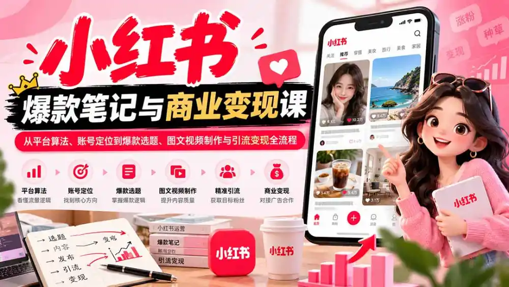 2026小红书爆款笔记与商业变现课：从平台算法、账号定位到爆款选题、图文视频制作与引流变现全流程-免费项目网