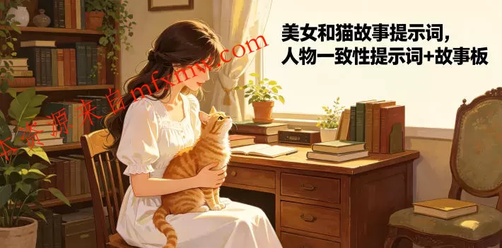 美女和猫故事提示词,人物一致性提示词+故事板