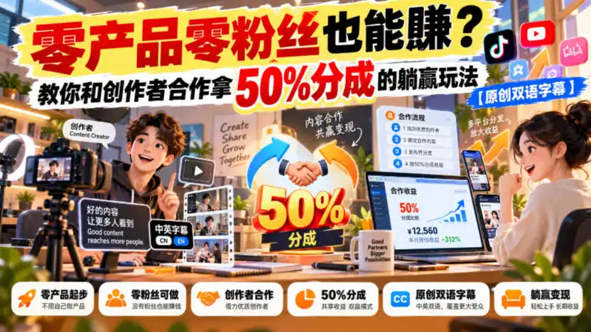 【无水印】零产品零粉丝也能賺？教你和创作者合作拿50%分成的躺赢玩法【原创双语字幕】-免费项目网