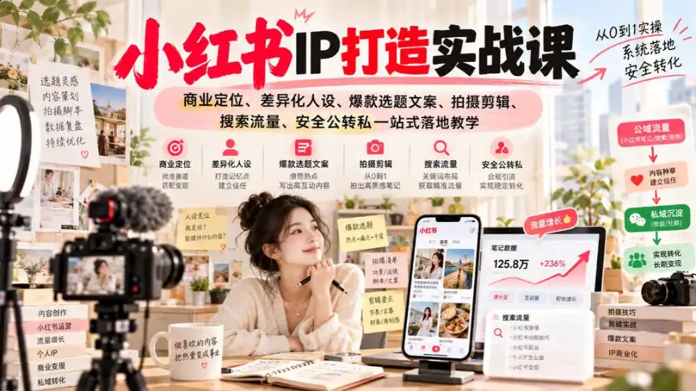 小红书ip打造实战课，商业定位、差异化人设、爆款选题文案、拍摄剪辑、搜索流量、安全公转私一站式落地教学-免费项目网