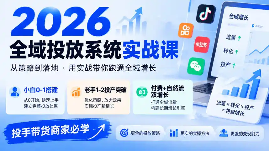 2026全域投放系统实战课，小白0-1搭建，老手1-2投产突破，付费+自然流双增长，投手带货商家必学-免费项目网