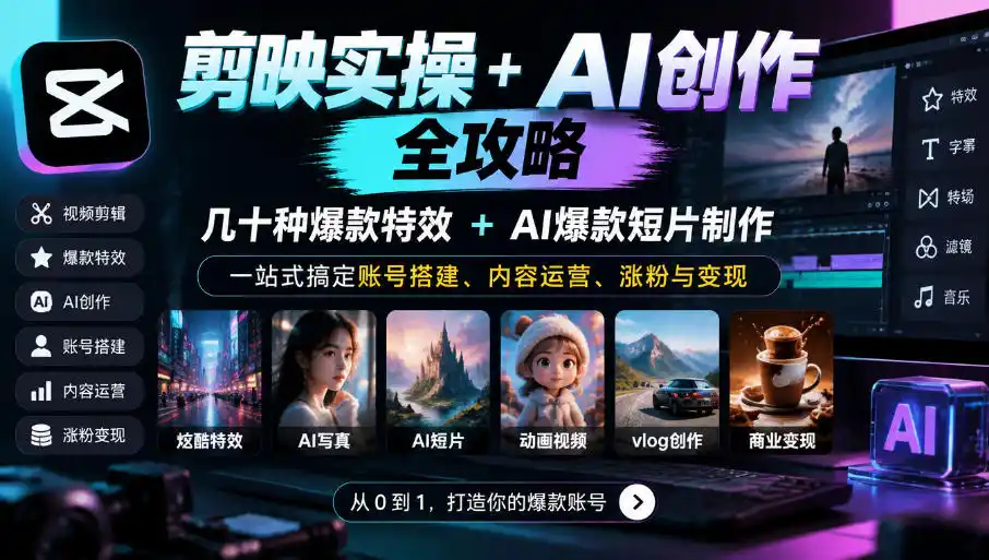 剪映实操+AI创作全攻略|几十种爆款特效+AI爆款短片制作,一站式搞定账号搭建、内容运营、涨粉与变现-免费项目网
