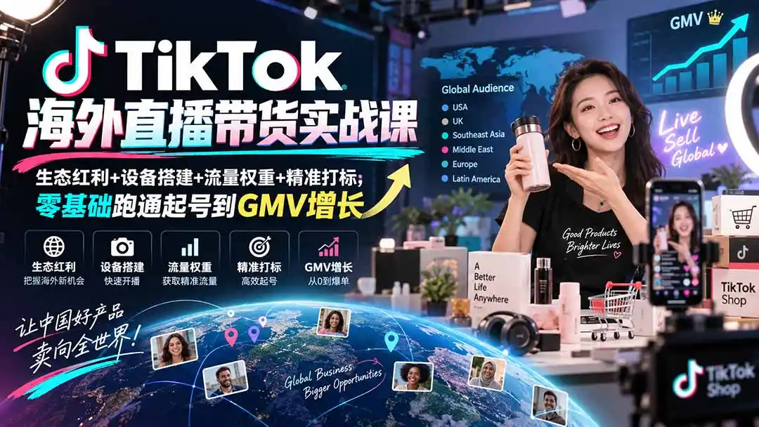 TikTok海外直播带货实战课｜生态红利+设备搭建+流量权重+精准打标，零基础跑通起号到GMV增长-免费项目网