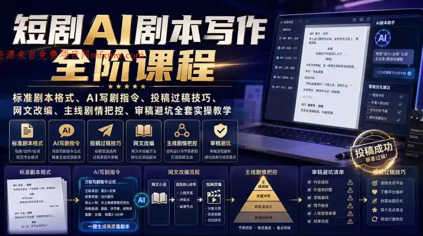 短剧AI剧本写作全阶课程|标准剧本格式、AI写剧指令、投稿过稿技巧、网文改编、主线剧情把控、审稿避坑全套实操教学