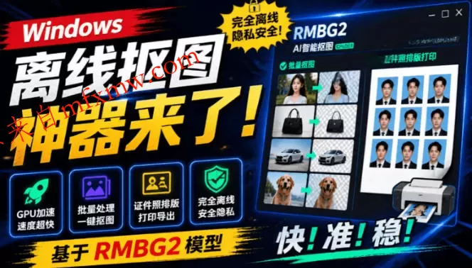 Windows离线抠图神器来了!支持批量抠图+证件照排版打印,基于RMBG2模型,GPU加速方块AI抠图