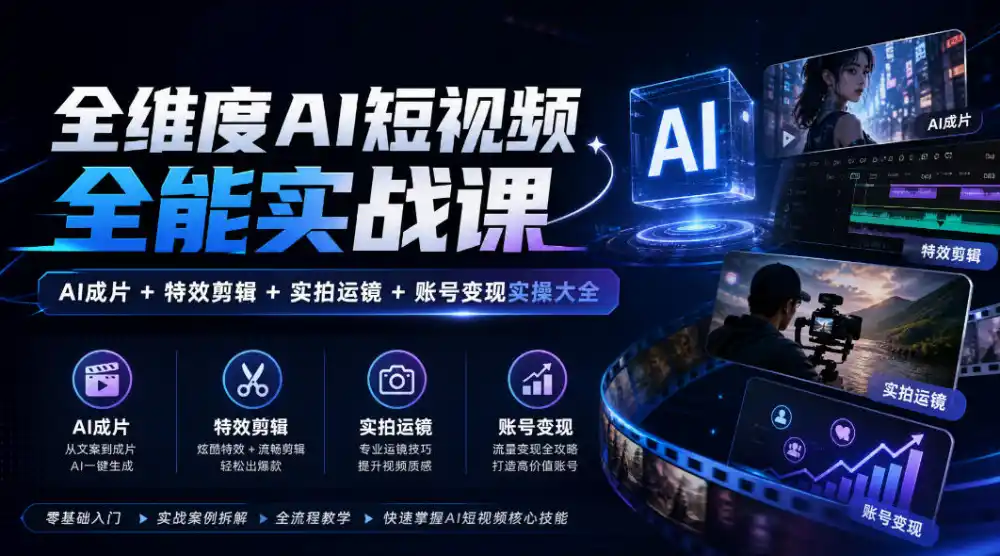 全维度AI短视频全能实战课，AI成片+特效剪辑+实拍运镜+账号变现实操大全-免费项目网