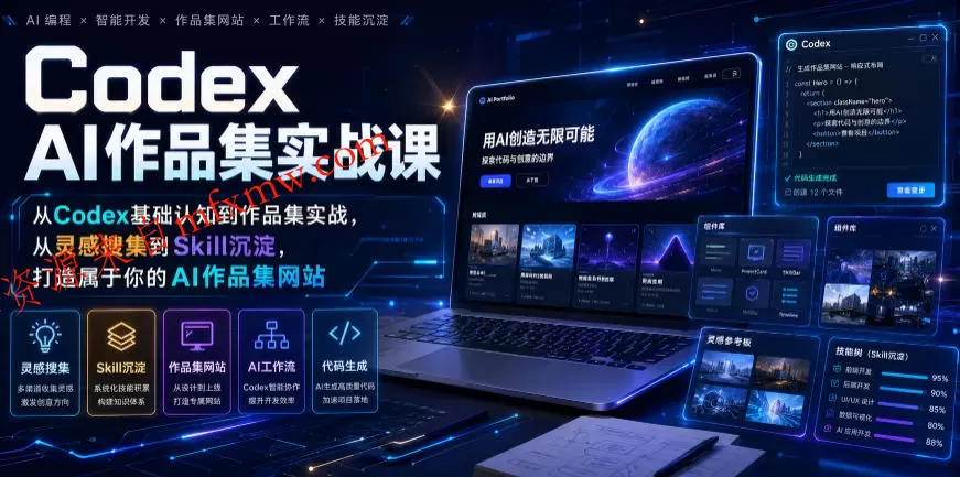 Codex AI作品集实战课，从Codex基础认知到作品集实战，从灵感搜集到Skill沉淀，打造属于你的AI作品集网站