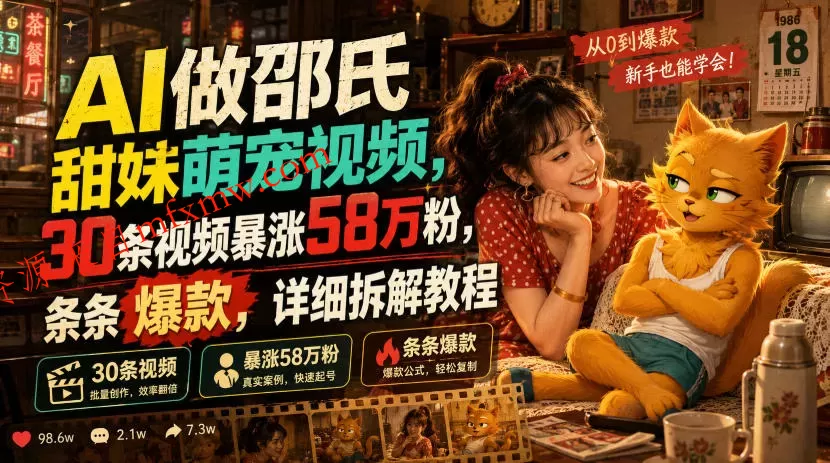 AI做邵氏甜妹萌宠视频,30条视频暴涨58万粉,条条爆款,详细拆解教程