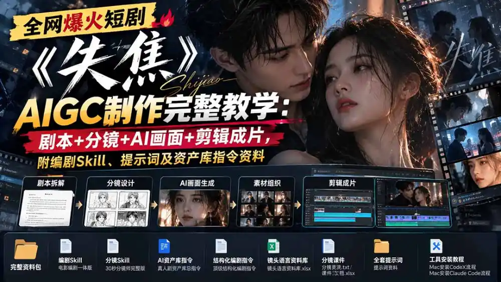 全网爆火短剧《失焦》AIGC制作完整教学：剧本+分镜+AI画面+剪辑成片，附编剧Skill、提示词及资产库指令资料-免费项目网