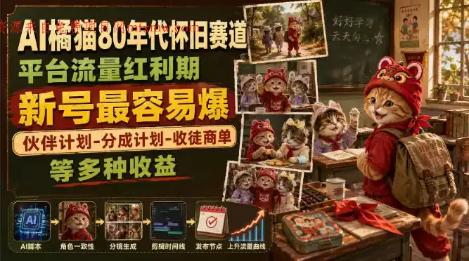 AI橘猫80年代怀旧赛道,平台流量红利期,新号最容易爆,伙伴计划-分成计划-收徒商单等多种收益