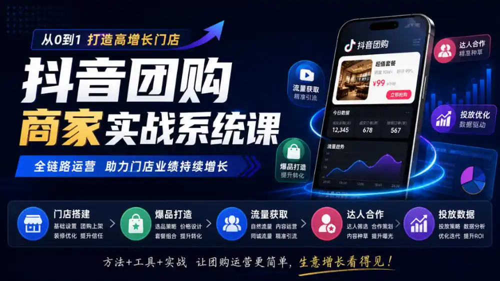 抖音团购商家实战系统课｜门店搭建、爆品打造、流量获取、达人合作、投放数据全链路运营-免费项目网