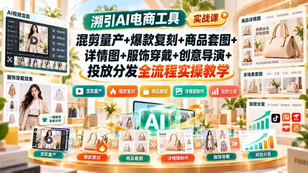 溯引AI电商工具实战课：混剪量产+爆款复刻+商品套图+详情图+服饰穿戴+创意导演+投放分发全流程实操教学-免费项目网