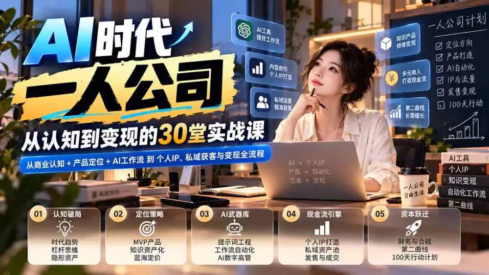 【无水印】AI时代一人公司30堂实战课：从商业认知+产品定位+AI工作流到个人IP、私域获客与变现全流程-免费项目网