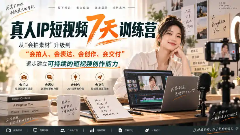 真人IP短视频7天训练营,从“会拍素材”升级到“会拍人、会表达、会创作、会交付”,逐步建立可持续的短视频创作能力