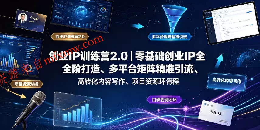 创业IP训练营2.0｜零基础创业IP全阶打造、多平台矩阵精准引流、高转化内容写作、项目资源对接与口碑变现闭环课程