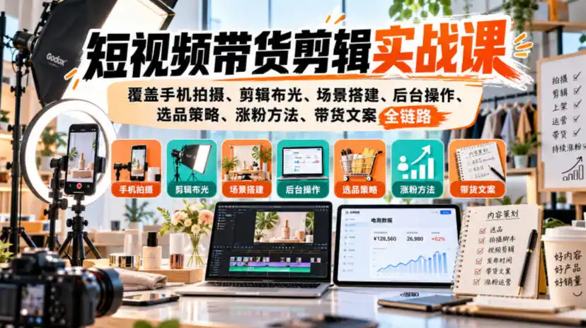 短视频带货剪辑实战课,覆盖手机拍摄、剪辑布光、场景搭建、后台操作、选品策略、涨粉方法、带货文案全链路-免费项目网