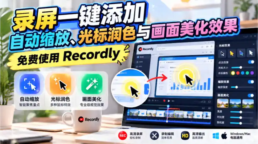 录屏一键添加自动缩放、光标润色与画面美化效果,免费使用Recordly-免费项目网