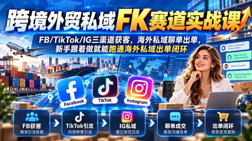跨境外贸私域FK赛道实战课｜FB/TikTok/IG三渠道获客，海外私域聊单出单，新手跟着做就能跑通海外私域出单闭环-免费项目网