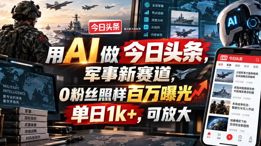 用AI做今日头条，军事新赛道，0粉丝照样百万曝光，单日1k+，可放大