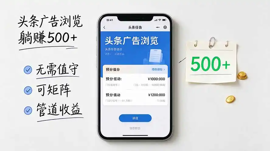 头条广告浏览躺赚500+无需值守,可矩阵并附有管道收益-免费项目网