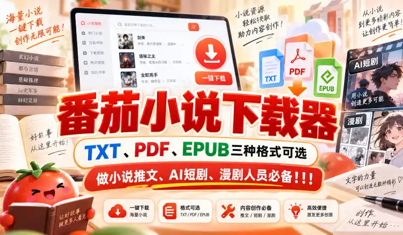 番茄小说下载器,TXT、PDF、EPUB三种格式可选,做小说推文、AI短剧、漫剧人员必备!!!