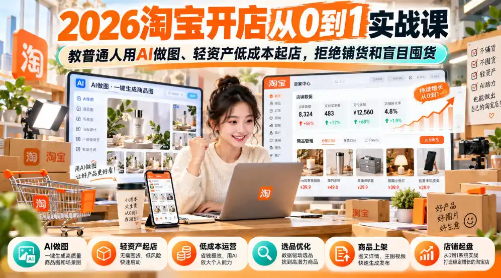 2026淘宝开店从0到1实战课，教普通人用AI做图、轻资产低成本起店，拒绝铺货和盲目囤货-免费项目网