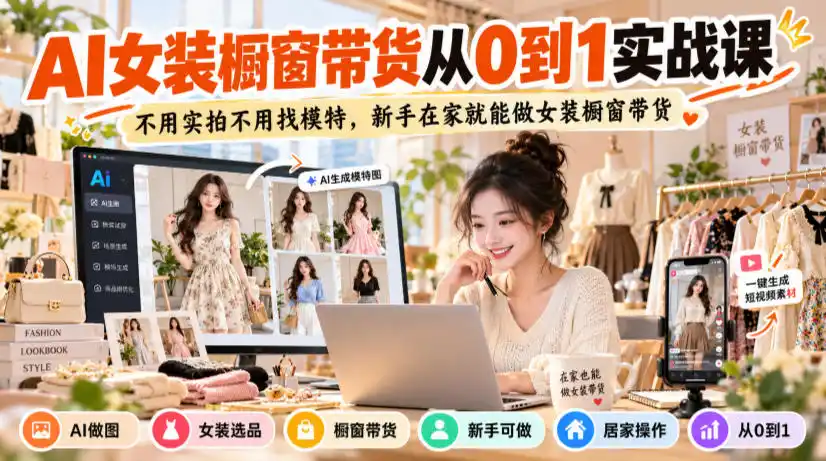 AI女装橱窗带货从0到1实战课,不用实拍不用找模特,新手在家就能做女装橱窗带货-免费项目网