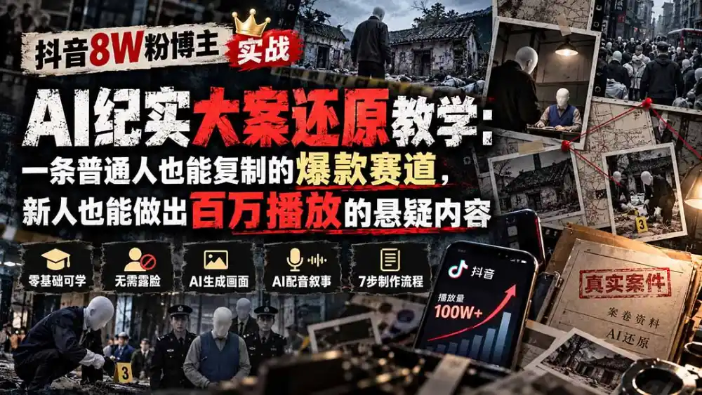 抖音8W粉博主AI纪实大案还原教学：一条普通人也能复制的爆款赛道，新人也能做出百万播放的悬疑内容-免费项目网