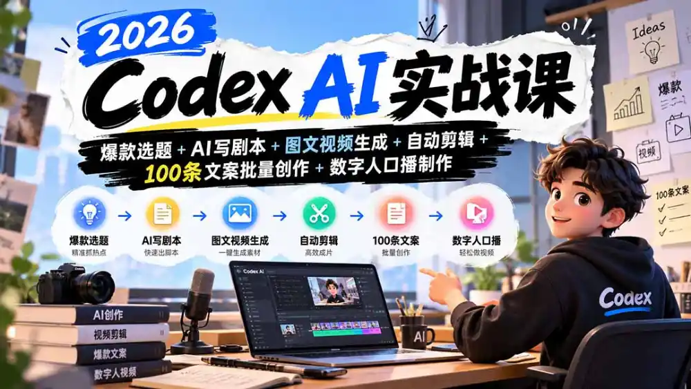 2026Codex AI实战课：爆款选题+AI写剧本+图文视频生成+自动剪辑+100条文案批量创作+数字人口播制作-免费项目网