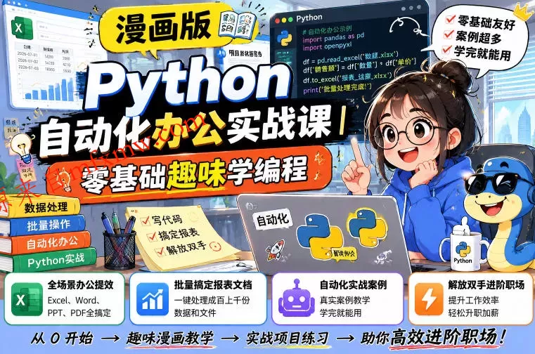 漫画版Python自动化办公实战课｜零基础趣味学编程，全场景办公提效、批量搞定报表文档、解放双手进阶职场
