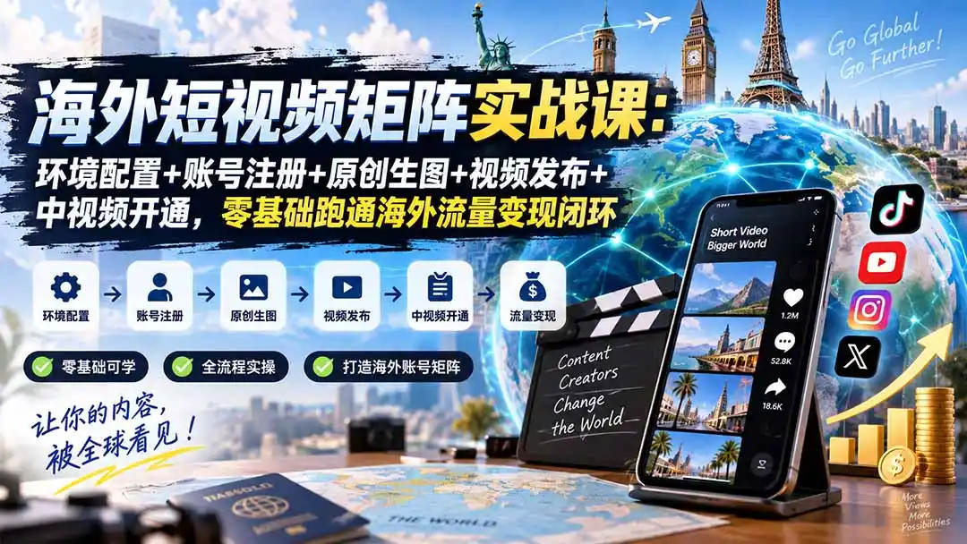 海外短视频矩阵实战课：环境配置+账号注册+原创生图+视频发布+中视频开通，零基础跑通海外流量变现闭环-免费项目网