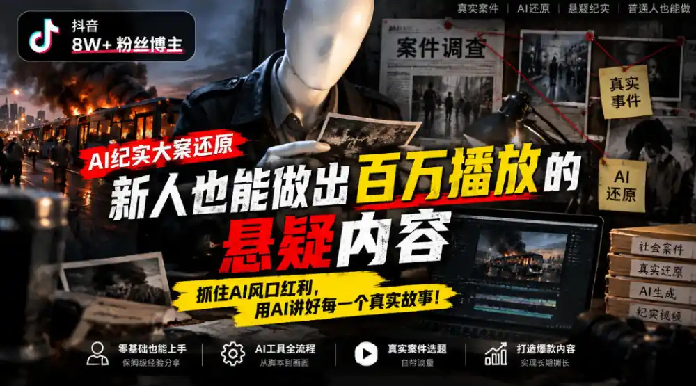 抖音8W粉丝博主的AI纪实大案还原教学，新人也能做出百W播放的悬疑内容，抓住AI风口红利，用AI讲好每一个真实故事(更新1014)-免费项目网