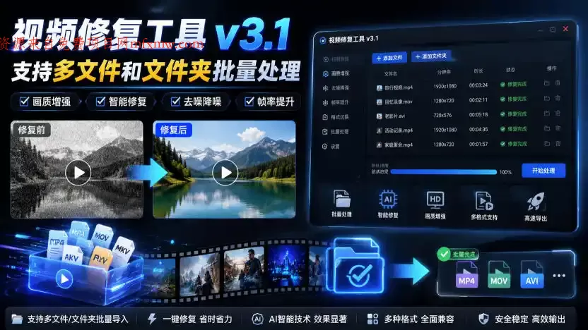视频修复工具v3.1，支持多文件和文件夹批量处理