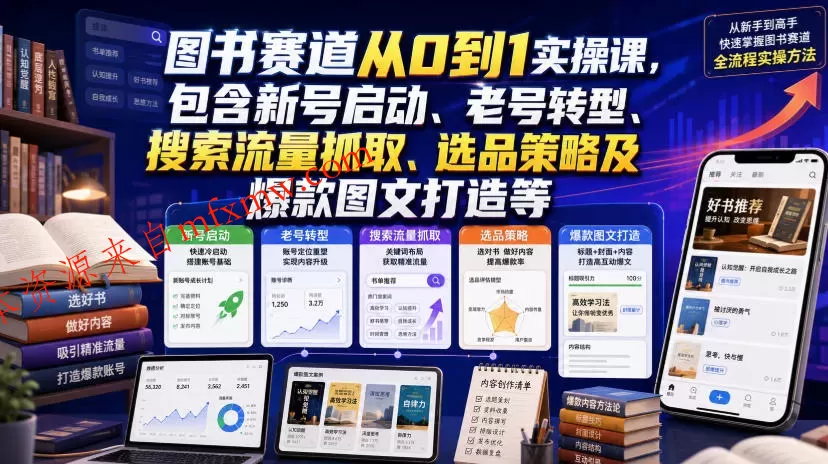 图书赛道从0到1实操课,包含新号启动、老号转型、搜索流量抓取、选品策略及爆款图文打造等