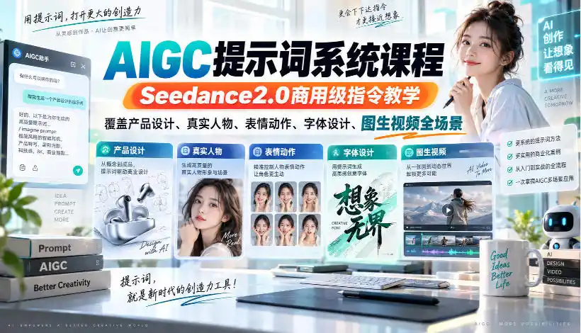 AIGC提示词系统课程,Seedance2.0商用级指令教学,覆盖产品设计、真实人物、表情动作、字体设计、图生视频全场景