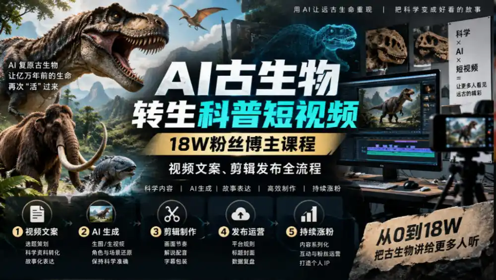 AI古生物转生科普短视频,18W粉丝博主课程,视频文案、剪辑发布全流程-免费项目网